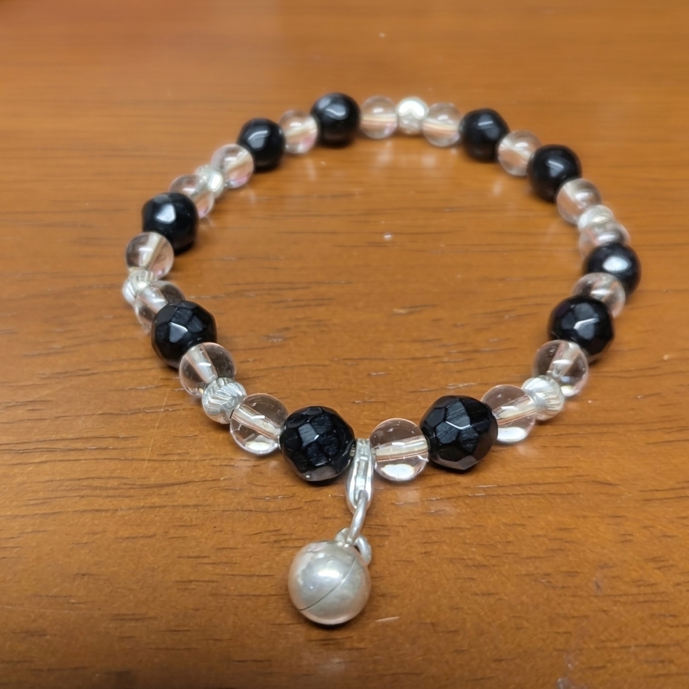 Black Tourmaline, Quartz And Sterling Silver Bell & Beads Bracelet